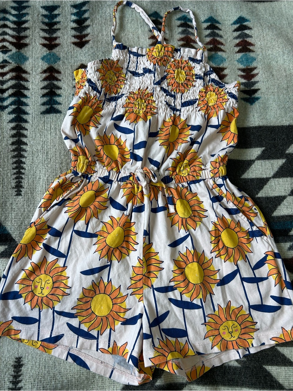 Sunflower Lion Print Romper - Bright Yellow & Navy Floral